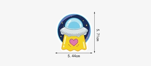 Detailed view of UFO sticker with size dimensions 5.71cm by 5.44cm for laptops