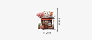 Detailed view of Japanese shop sticker with dimensions 4.98cm by 5.09cm for scrapbooking