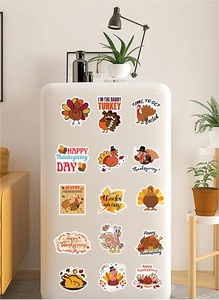 50pcs Thanksgiving turkey and maple leaf stickers displayed on a white refrigerator surface
