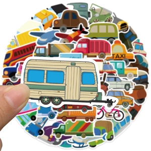 Close-up of waterproof cartoon vehicle stickers showing textures and vibrant colors