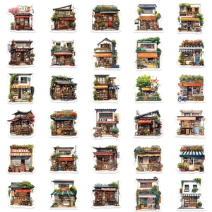 Pack of 30 retro Japanese street store stickers with watercolor bookstore and cafe designs