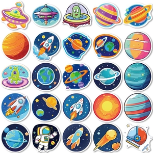 Collection of 50 cartoon space stickers with astronauts and rockets on white background