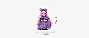 Vue détaillée de l'autocollant fille dopamine avec dimensions 5,77 cm de haut et 4,52 cm