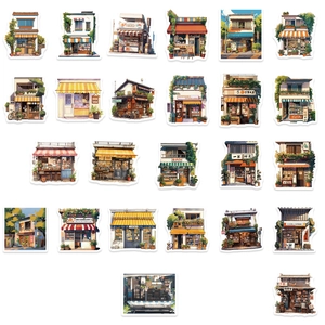 Detailed view of 24 Japanese shop stickers including cafes and bookstores for DIY decor