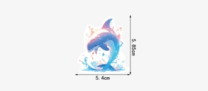 Detailed view of dolphin watercolor sticker showing exact dimensions of 5.4cm by 5.85cm
