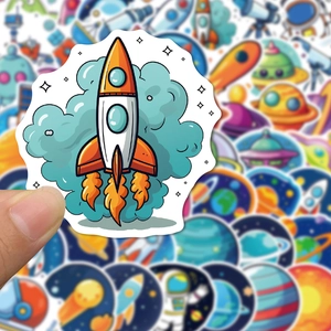 Close-up of rocket sticker from the cartoon space exploration themed sticker set