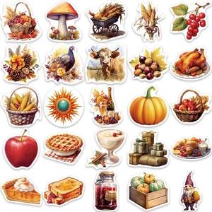 50 waterproof Thanksgiving stickers with autumn pumpkins and maple leaves in a 5x5 grid