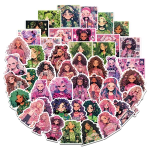 Vue détaillée d'autocollants colorés de filles animées disposés en forme de cœur