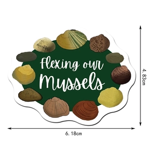 Technical view showing biology sticker size 6.18cm by 4.83cm with mussel illustrations