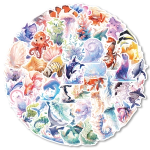 50pcs watercolor ocean stickers set with whale octopus shells for luggage and guitars
