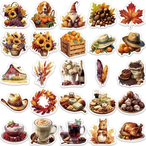 Set of 50 waterproof Thanksgiving stickers featuring pumpkins, maple leaves and autumn motifs