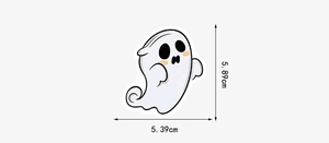 Detailed size specifications of the cartoon ghost Halloween sticker, 5.89cm by 5.39cm