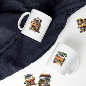 55 Japanese vintage shop stickers for journals and luggage on a white ceramic mug