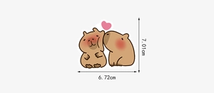 Detail showing two cartoon capybaras with pink hearts and dimensional measurements