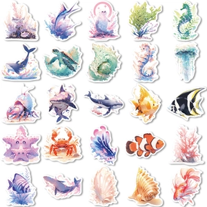 Set of 50 watercolor ocean life stickers featuring whales and sea shells for decoration