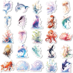 50 pieces of watercolor marine life stickers featuring whales shells and octopuses