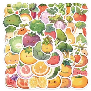 Close-up of cute cartoon vegetable stickers featuring broccoli and carrot with tiny faces