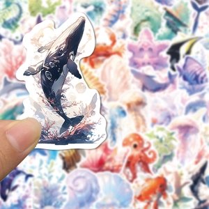 Detail shot of a watercolor whale sticker with waterproof PVC texture for decoration