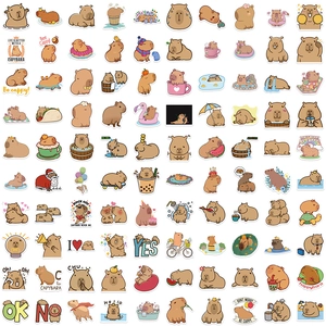 Detailed view of 100 cute cartoon capybara stickers for laptop and DIY decoration