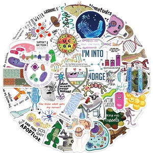 Collection of waterproof science stickers with DNA, bacteria, and biology cartoon icons