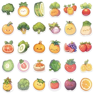 Set of 60 cute cartoon vegetable and fruit stickers with kawaii faces for kids rewards