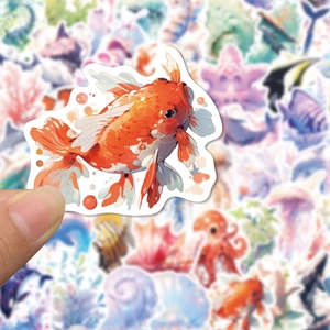 Close-up of a goldfish waterproof sticker with ocean creature motifs and colorful coral details