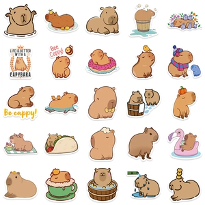 Detailed grid view of 25 unique cartoon capybara waterproof stickers for DIY decoration