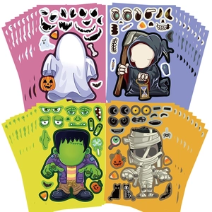 DIY Halloween face stickers featuring ghost, reaper, mummy and monster for party fun