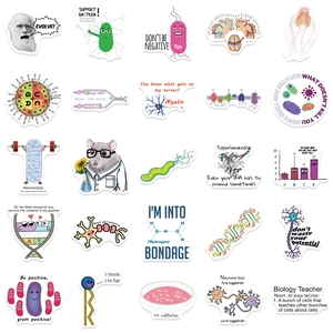 Detailed view of science stickers showing DNA helix and lab mice with funny biology puns