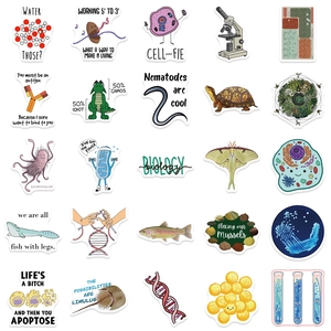 Detailed grid of biological science stickers featuring DNA, lab tools, and marine life