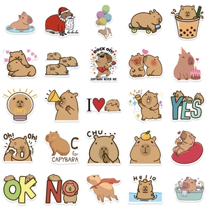 Detailed 5x5 grid view of cute cartoon capybara stickers for laptop and guitar decoration