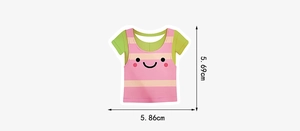 Detailed view of a cute pink striped cartoon t-shirt sticker with dimensions 5.69cm by 5.86cm