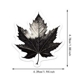 Measurement of maple leaf sticker with forest scenery showing 4.78cm height and 4.39cm width