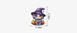Detailed dimension view of a Halloween cat sticker with wizard hat and pumpkins, 5.39cm high