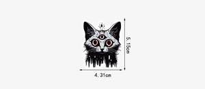 Detail view of gothic horror 3-eyed cat sticker with dimensions 4.31cm by 5.15cm