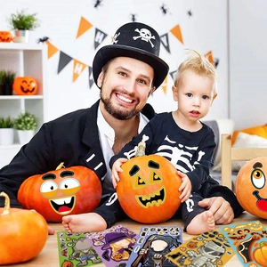 Halloween pumpkin make-a-face sticker set showing creative DIY party decorations