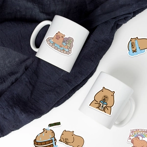Set of 100 cute cartoon capybara stickers on white ceramic mugs for DIY decoration