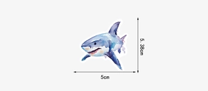 Watercolor shark sticker showing precise 5.38cm by 5cm dimensions for stationery decor