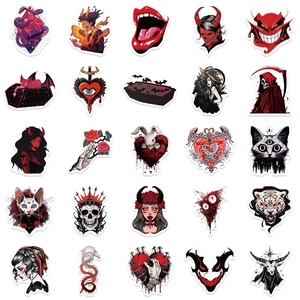 50pcs gothic horror stickers with skull and demon motifs in dark red and black style