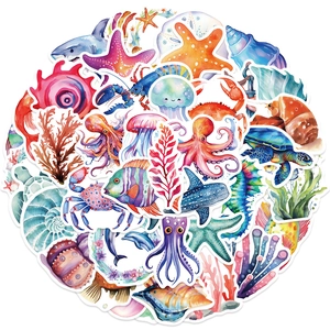 Watercolor Sea Creature Ocean Animal Decals For Water Bottle Laptop Luggage Waterproof PVC Matte Cartoon Stickers
