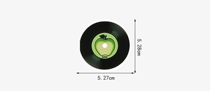 Detailed size view of vinyl record stickers with 5.28cm diameter and apple love design