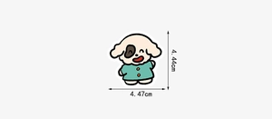 Detailed size view of a cute cartoon dog sticker showing 4.4cm height and 4.4cm width