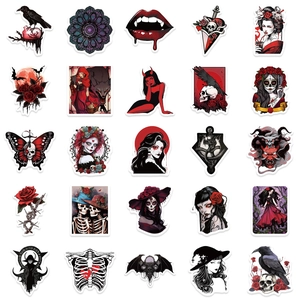 50 Pcs Gothic Horror Stickers Set with Dark Red and Black Punk Devil Graphics for Halloween