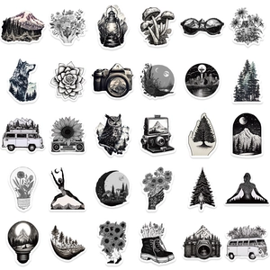 60-piece black and white nature illustration waterproof stickers for luggage and guitar