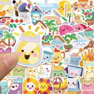 Pack of 50 cute cartoon hand-drawn stickers featuring colorful food and animal designs