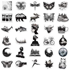 Set of 60 black and white nature woodcut stickers for luggage, guitar and laptop