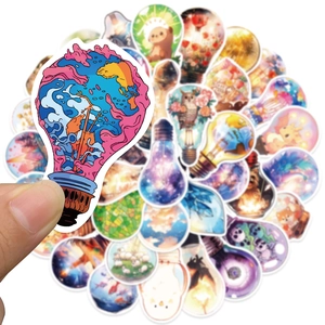 Set of 50 cartoon light bulb stickers with animal and nature illustrations for DIY