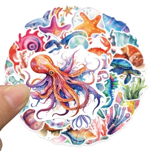 50-piece set of colorful watercolor marine animal stickers featuring turtles and sea stars