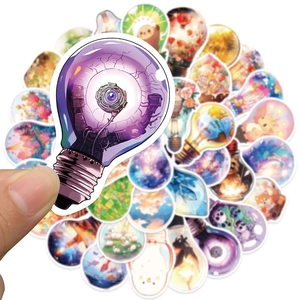 50pcs waterproof creative bulb-shaped stickers featuring nature and sci-fi illustrations