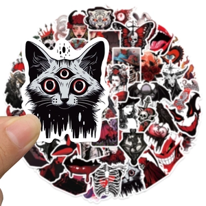 Gothic horror stickers set featuring red and black skulls, demonic cats and surreal art